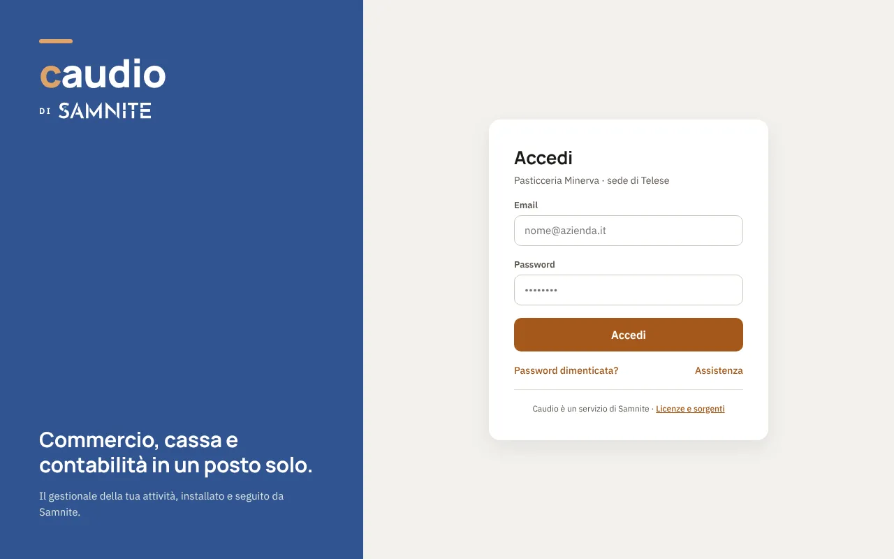 La pagina di accesso di Caudio per la Pasticceria Minerva, con il marchio Caudio di Samnite.